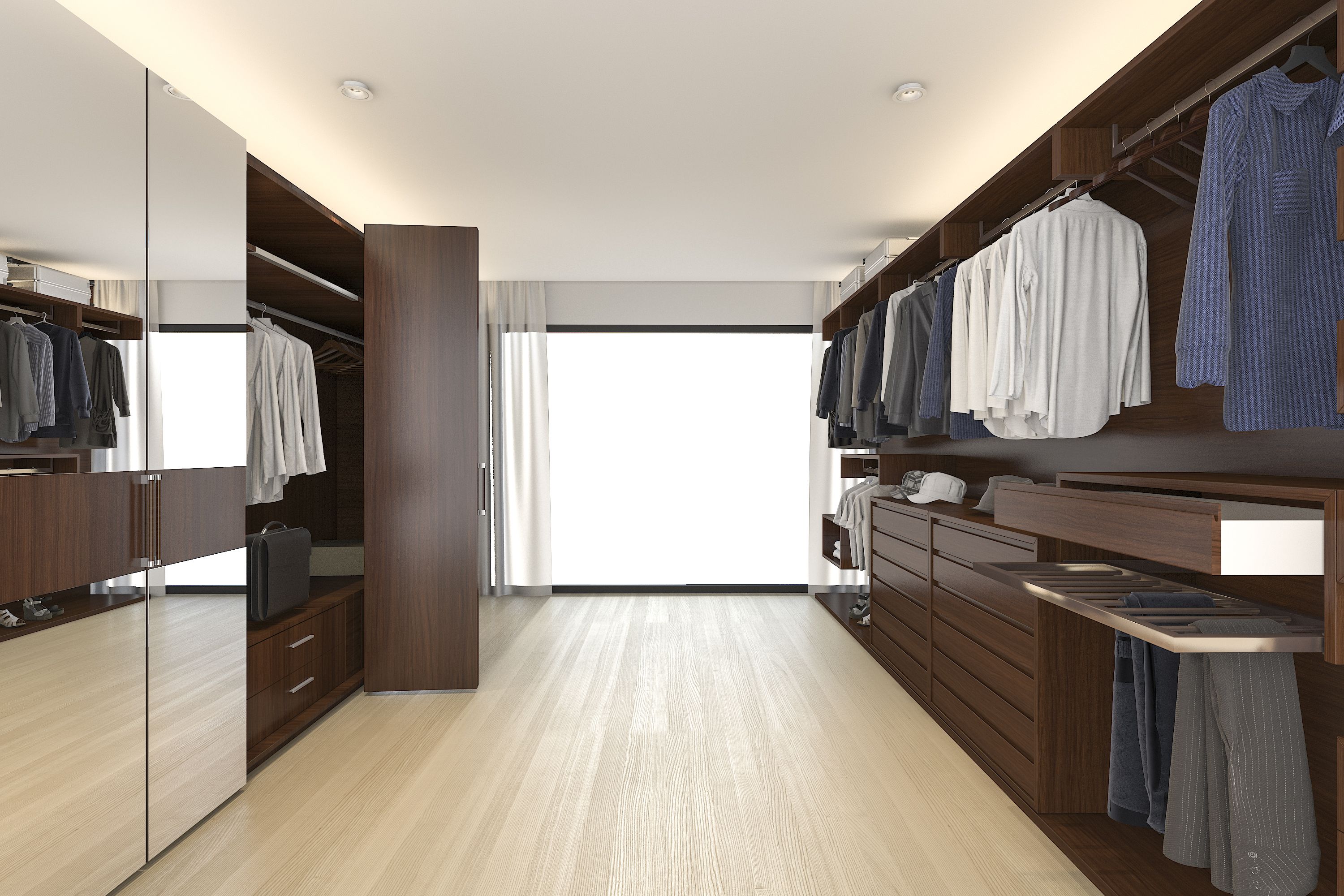 3d rendering wood wardrobe and walk in closet near window